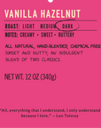 Vanilla hazelnut dark roast coffee flavor label