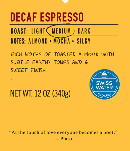 decaf espresso medium roast coffee label