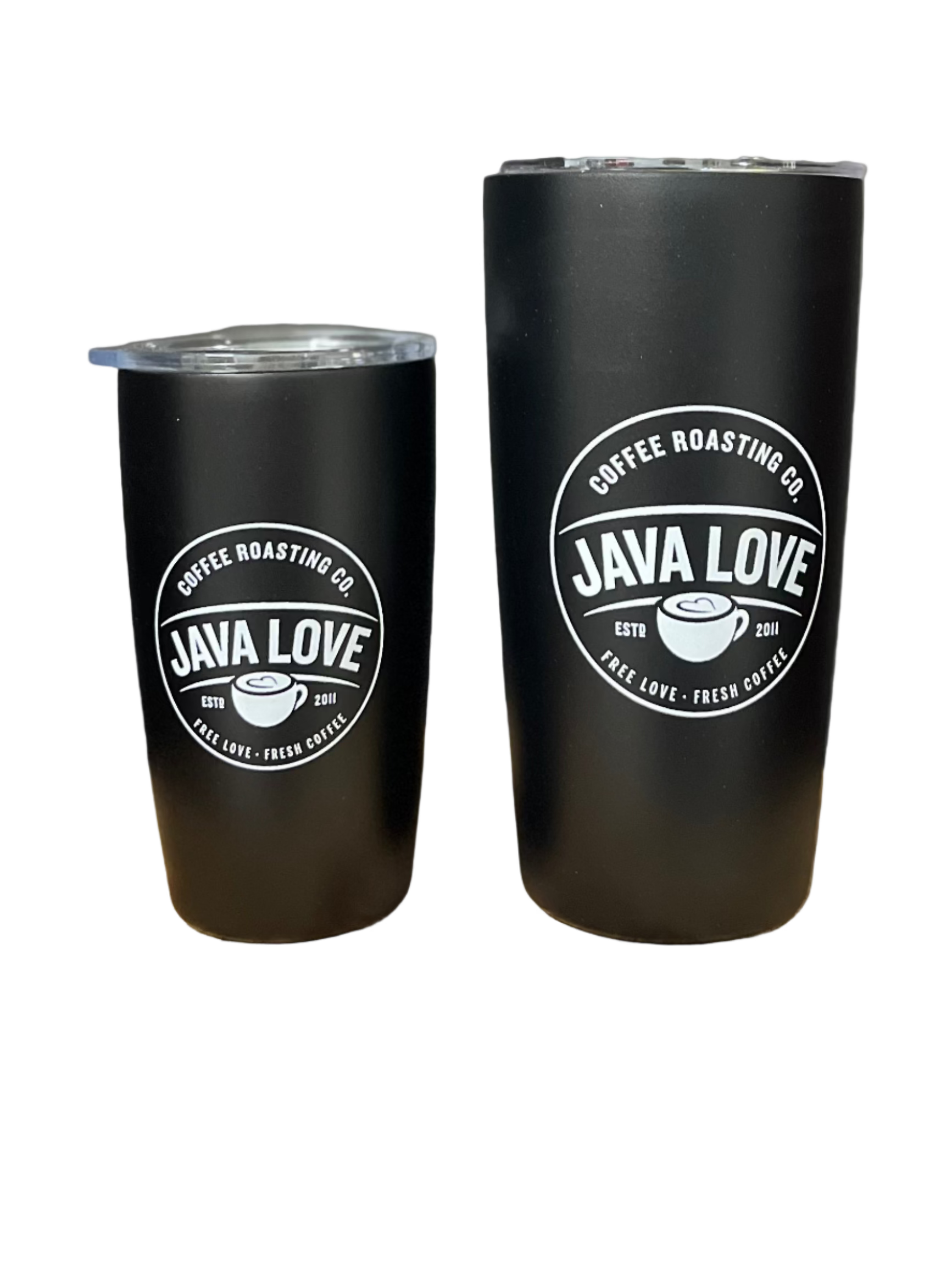 Two black tumblers with 'Java Love' branding on a wooden surface.