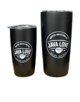 Two black tumblers with 'Java Love' branding on a wooden surface.