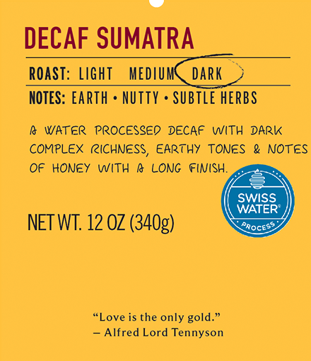 Decaf sumatra dark roast coffee label