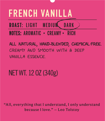 French vanilla dark roast coffee flavor label