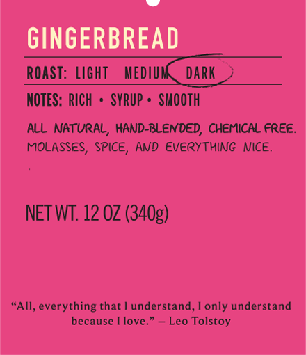 Gingerbread dark roast coffee flavor label