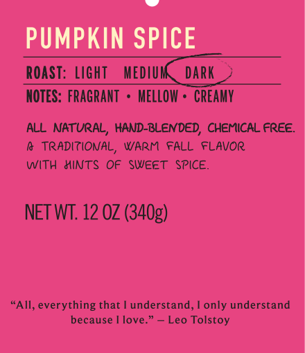 Pumpkin spice dark roast coffee flavor label
