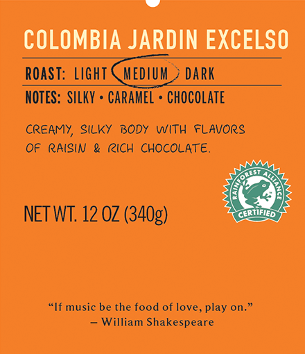 colombia jardin excelso medium roast coffee label