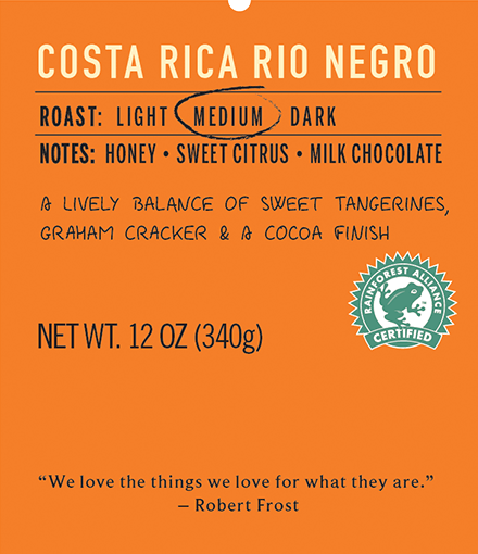 costa rica rio negro medium roast coffee label