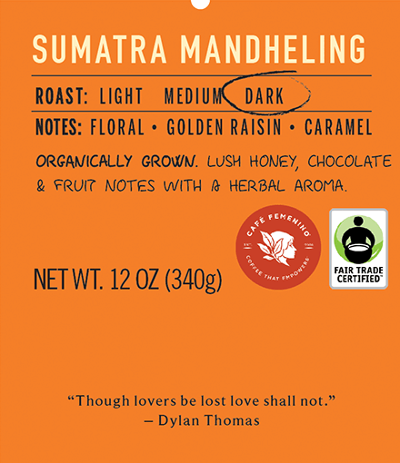 sumatra mandheling dark roast coffee label