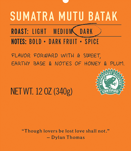 sumatra mutu batak dark roast coffee label